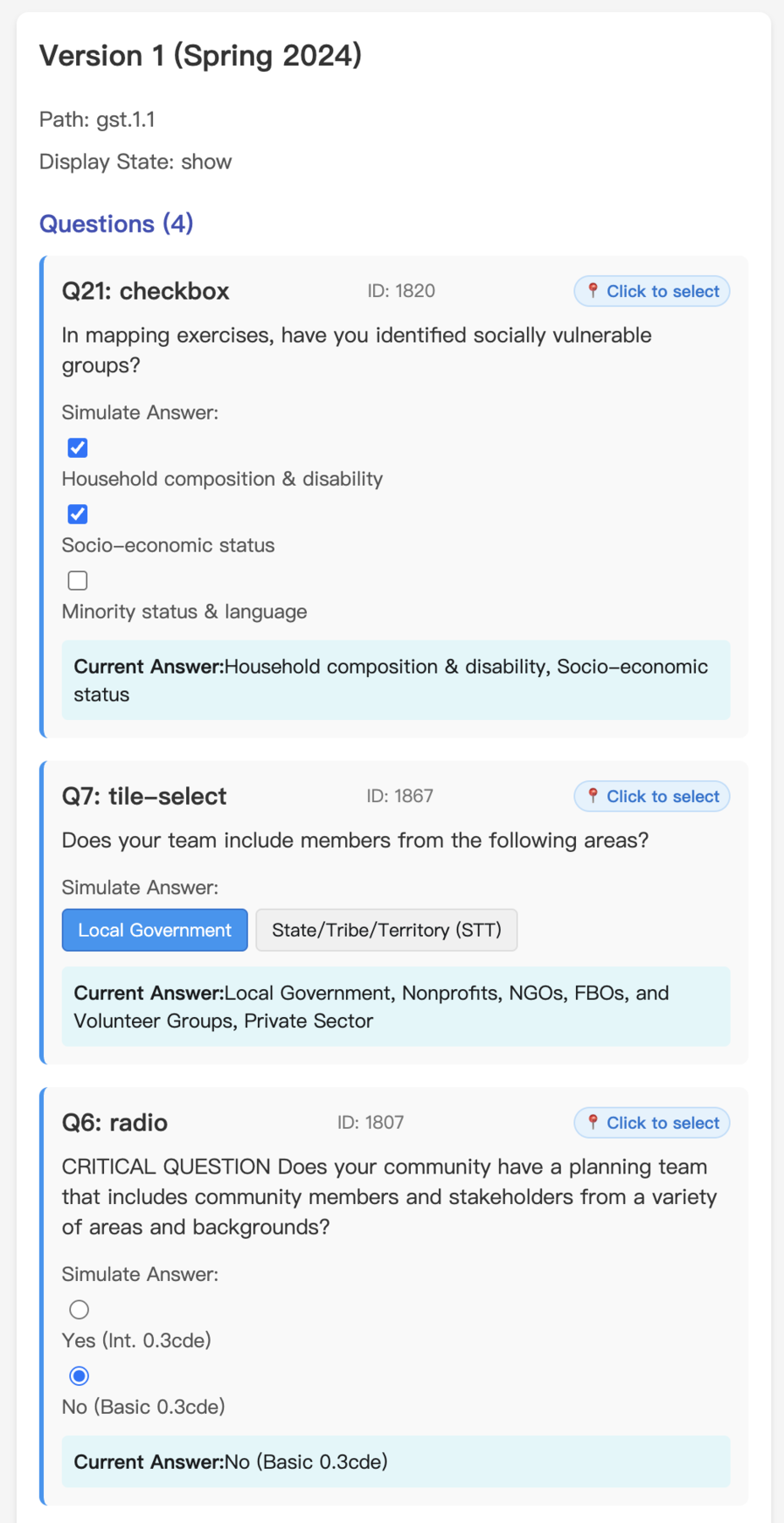 Answer simulation panel for previewing how mocked answers affect dependency state