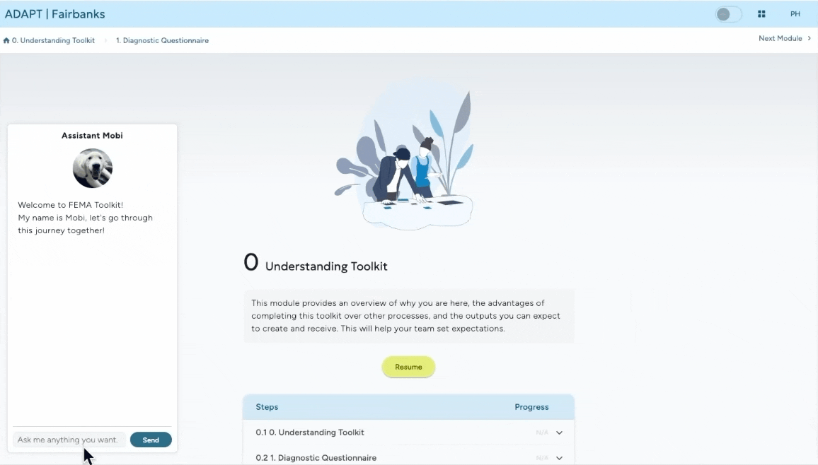 Mobi assistant panel opening from the ADAPT toolkit and answering a user question