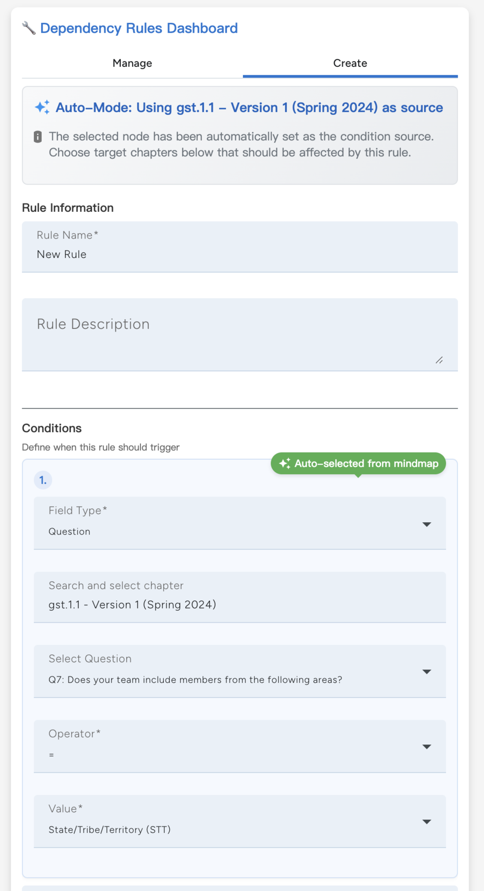 Rule builder interface defining basic information, conditions, and effects