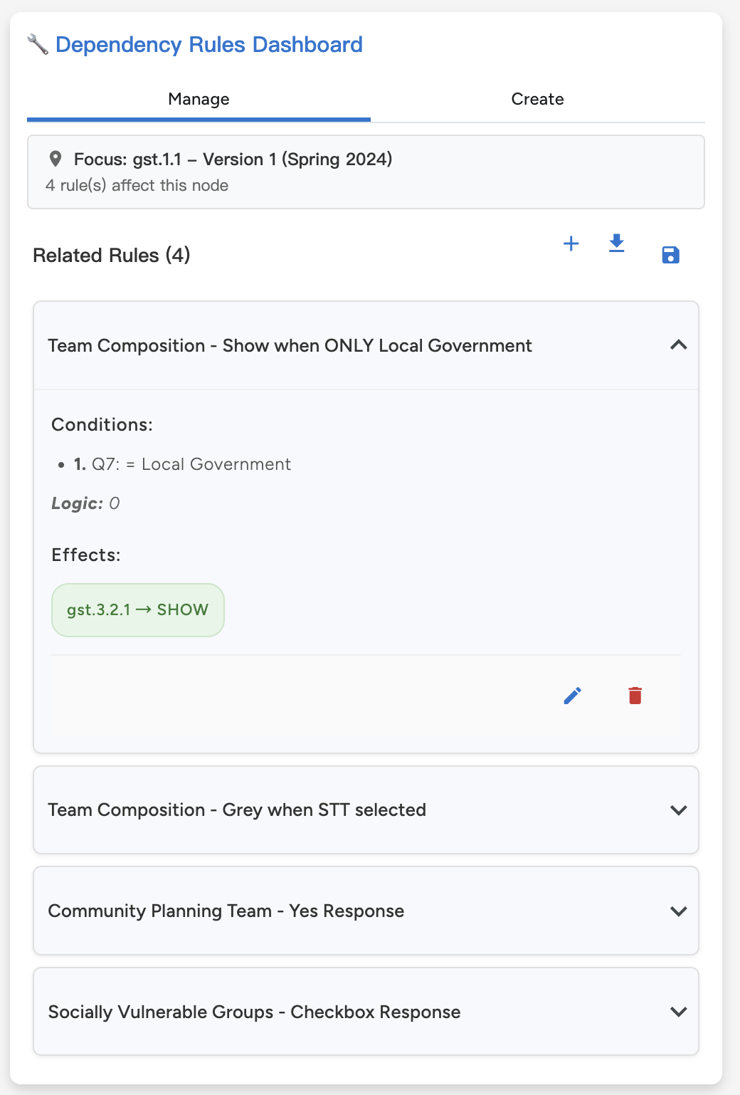 Rule management interface with live rule visualization and CRUD controls