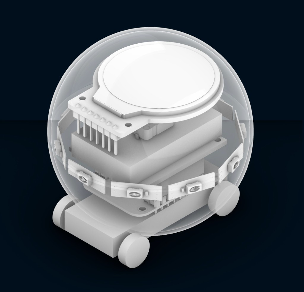 Droplet hardware — transparent shell, LED ring, and wheeled base