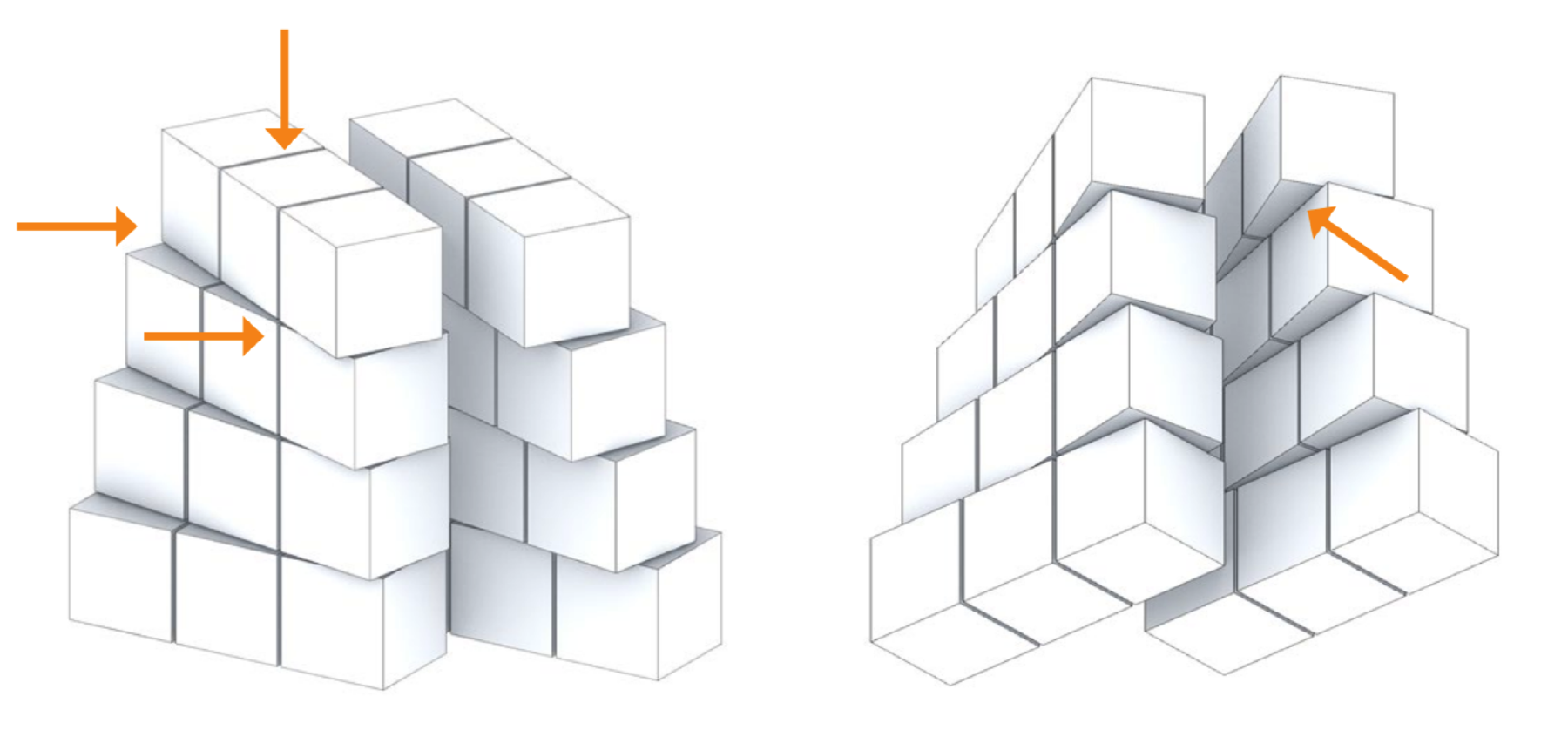 Axonometric diagrams of the cantilevered wall, with arrows indicating cube placement and rotation