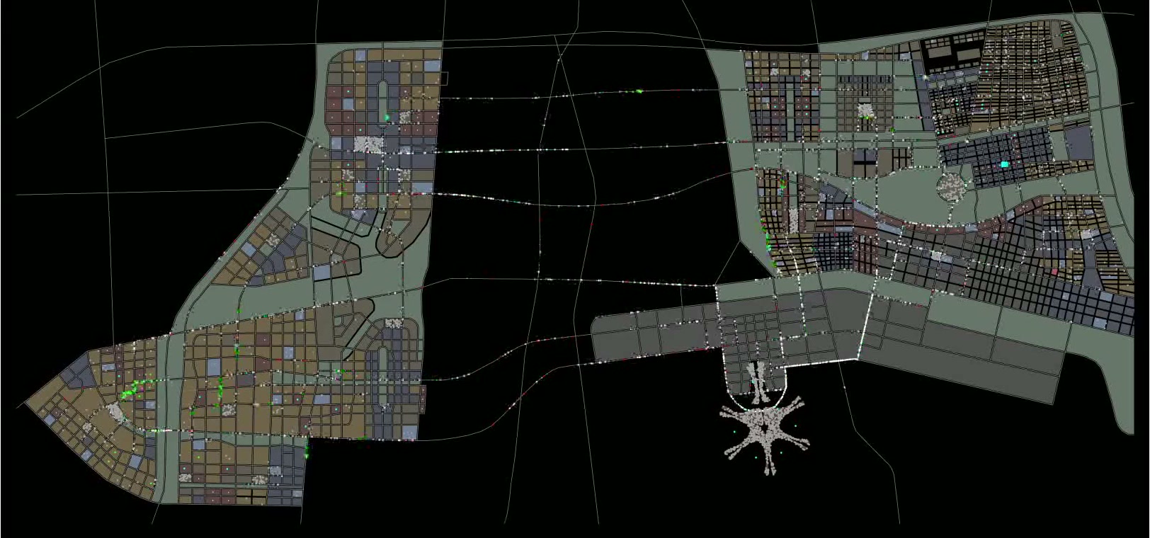 Agent-based mobility simulation visualizing building usage, traveler types, and mode share across the airport region network.