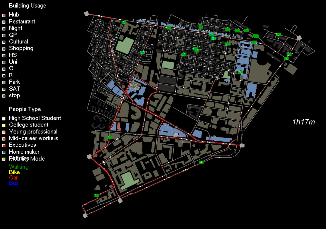 City-scale agent-based simulation of Multi-Purpose Autonomous Vehicle Simulation and multimodal traffic flows across the Kendall Square network.