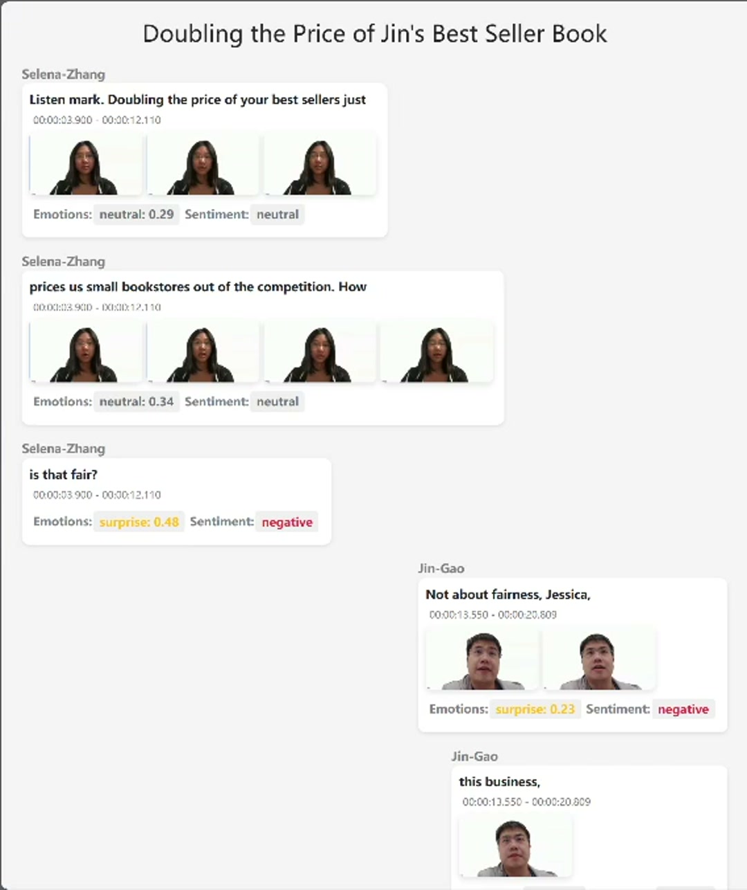 Multimodal sentiment visualization interface for conversation transcripts.